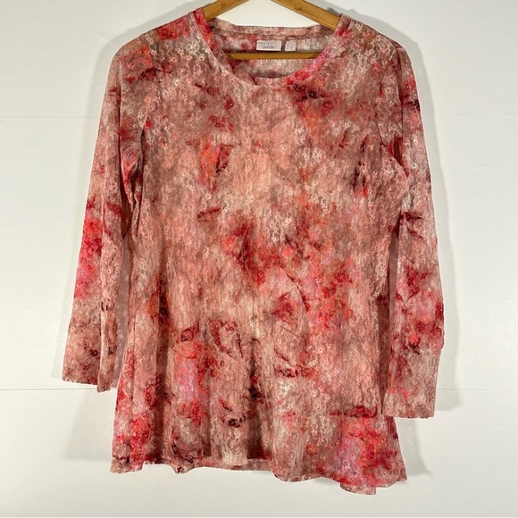 Logo Layers Tops - Romantic Pink and Red Sheer Floral Lace Women's Blouse